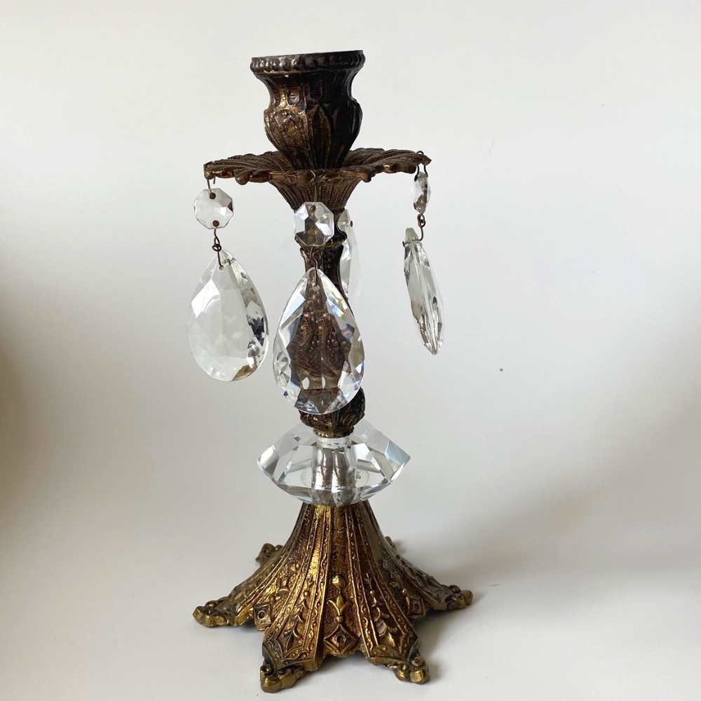 Vintage HOLLYWOOD REGENCY CANDLEHOLDER Brass and Crystal Teardrops Made in Spain